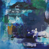 Large abstract painting featuring a vibrant color palette of blues, greens, and purples. The composition is dynamic with various brush strokes and textures creating a sense of depth and movement. This contemporary artwork would make an eye-catching addition to a modern home or office.