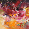 Vibrant abstract painting with swirling brushstrokes of red, orange, yellow, and green colors, creating a dynamic and energetic visual composition.