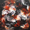 Large abstract artwork depicting vibrant shades of orange, red, black, and grey swirling and intertwining on the canvas. The dramatic, fiery colors and bold brushstrokes create a sense of motion and energy, evoking the "Embers of Motion" theme. This original abstract painting would make an impactful addition to a modern or contemporary home or office decor.