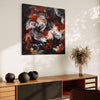 Earthy Abstractions - Bold, fiery abstract painting on canvas displayed on a white wall, complemented by a wooden sideboard and decorative elements.