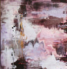 Large abstract landscape painting in earthy tones of brown, purple, and white. Textured brushstrokes create a dreamlike, atmospheric scene. The artwork features a mix of organic and geometric shapes, blending abstract elements into an impressionistic landscape. This large canvas art piece would make an impactful addition to a modern or contemporary decor.