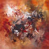Expressionistic square painting with swirling brushstrokes in warm earthy tones of red, orange, and brown, evoking a sense of movement and intensity.