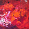 Vibrant abstract painting with bold strokes of red, orange, and pink paint creating a dynamic, fiery composition.