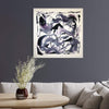 Minimalist abstract artwork "Waves of Emotion" displayed on a wall above a living room sofa with a vase of flowers on a wooden table in the foreground.