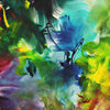 Vibrant abstract landscape artwork featuring bold brushstrokes in striking green, blue, and yellow hues, creating a lush, tropical garden scene.