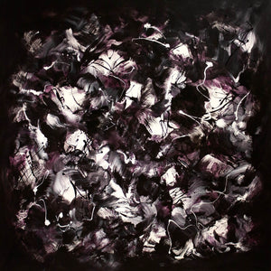 Large abstract painting of a midnight garden featuring expressive black and white strokes with hints of purple hues, creating a dramatic and moody artistic composition.
