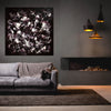Expansive Abstract Art | Midnight Garden 55x55" - Dramatic monochrome painting displayed above cozy living room sofa with pendant lights, showcasing modern abstract landscape design.