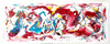 Large abstract landscape painting featuring vibrant splashes of red, blue, and yellow paint in a dynamic, expressive composition. The artwork depicts a bold, energetic abstract scene with a striking use of color and movement.