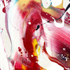 Large abstract landscape painting in vibrant earthy tones of red, yellow, and pink with dynamic brushstrokes and splashes of color, creating a modern, artistic impression.