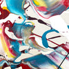 Abstract colorful artwork on canvas with bold brushstrokes and dynamic shapes in blue, red, yellow, and white.