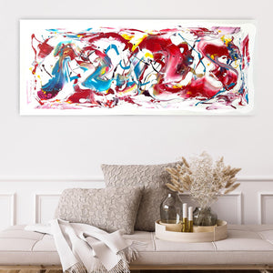 Large abstract canvas art with vibrant, colorful brushstrokes. Earthy tones of red, blue, and yellow create a dynamic, modern composition. Suitable for hanging in a living room or office space. Produced by Paresh Nrshinga, an acclaimed British abstract artist, and available for purchase from the Paresh Nrshinga Abstract Art store.
