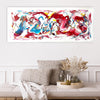 Large abstract canvas art with vibrant, colorful brushstrokes. Earthy tones of red, blue, and yellow create a dynamic, modern composition. Suitable for hanging in a living room or office space. Produced by Paresh Nrshinga, an acclaimed British abstract artist, and available for purchase from the Paresh Nrshinga Abstract Art store.