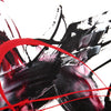 Minimalist abstract painting in black, white, and red tones with bold brushstrokes and dynamic composition.