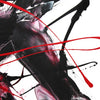 Abstract square canvas with bold, expressive brushstrokes in black, red, and white. Dynamic composition featuring intersecting lines and a strong contrast between light and dark areas. Vibrant, modern abstract art piece.