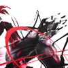 Large abstract painting featuring bold black and red brushstrokes against a white background, creating a dramatic and modern artistic expression.