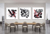 Contemporary Triptych Art | Firedance, Dreams, Fly Away | Dramatic Abstract Landscape | Bold Black, White, and Red Accents | Paresh Nrshinga Original Artwork