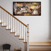 Extra Large Abstract Canvas Art | Golden Sands 36x72" | Vibrant modern landscape painting on display above wooden staircase in home interior