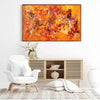 Large abstract landscape painting of vibrant orange and brown hues evoking a fiery, earthy scene mounted on a white wall above a wooden sideboard and white furniture.