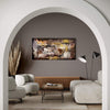 Vibrant abstract art print | Rustic furniture and modern decor | Cozy living room with neutral color palette