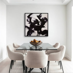 This artwork showcases a bold interplay of dynamic black brushstrokes against a light grey canvas, creating a striking contrast. The sweeping motions convey a sense of energy and fluidity, reminiscent of calligraphic gestures. Each stroke is deliberate yet spontaneous, suggesting a dance between chaos and control. The variations in intensity add depth and movement, inviting viewers to explore the composition’s rhythm. The abstract nature of the piece encourages personal interpretation, as the forms evoke a 