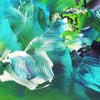 Vibrant abstract landscape painting featuring swirling shades of green, blue, and white brushstrokes. The painting evokes a sense of movement and energy, capturing the beauty of an imaginary natural scene.