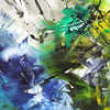 Abstract landscape painting with bold brushstrokes of blue, green, and yellow colors depicting a vibrant, energetic scene.