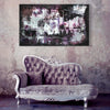 Abstract Landscape | Distant Skies 36x60" - Large abstract painting on canvas with bold, colorful brushstrokes in purple, white and black hues, displayed above a vintage-style ornate couch in a modern interior setting.