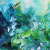 Vibrant abstract painting with swirling teal, emerald, and white brushstrokes creating a dynamic, textured composition. Earthy colors and organic shapes evoke a sense of movement and energy, showcasing the artist's bold, expressive style. This large canvas painting would make an impactful addition to any modern or abstract art collection.