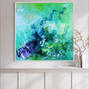 Vibrant abstract artwork with lush, swirling brushstrokes in shades of teal, green, and blue. The painting features a dynamic, organic composition that captures the essence of nature's rhythm and movement. This large, square canvas artwork would make a captivating focal point for a modern, minimalist interior design.