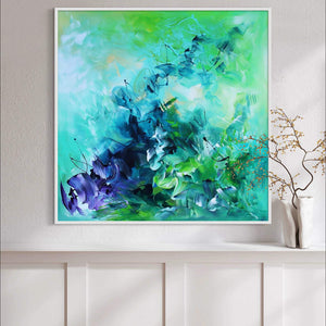 Vibrant abstract artwork with lush, swirling brushstrokes in shades of teal, green, and blue. The painting features a dynamic, organic composition that captures the essence of nature's rhythm and movement. This large, square canvas artwork would make a captivating focal point for a modern, minimalist interior design.