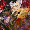 Vibrant abstract art canvas with splashes of bold, dynamic colors including red, purple, and yellow. The composition features organic shapes and textures, creating a visually striking and emotive modern artwork.