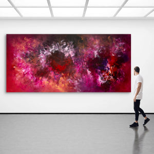 Vibrant abstract landscape | Large red and pink canvas art with dynamic brush strokes and bold colors
