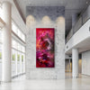 Vibrant Floral Artwork: Oversized abstract landscape painting with bold, vibrant colors of red, pink, and orange on display in a modern, minimalist interior setting.