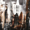 Large abstract landscape painting depicting an urban nocturnal scene with towering dark skyscrapers, swirling brushstrokes, and warm earthy tones. The artwork conveys a dramatic, moody atmosphere with bold, expressive brushwork.
