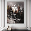 Large abstract painting of a modern urban landscape with earthy tones and textures, displayed on a white wall with decorative molding and a dark console table beneath.