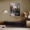 Abstract landscape painting titled "Urban Nocturnelle" displayed on the wall of a modern home interior with a minimalist side table and floor lamp.