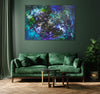 Extra large abstract art, Jardin Fleuri, 55x72" canvas painting displayed in a modern living room setting with a green velvet sofa, wooden tables, and potted plant.