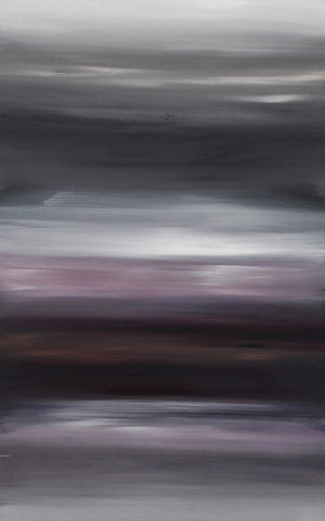 Serene abstract landscape with hazy horizons in muted tones of gray, lavender, and brown.