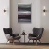 Geometric abstract artwork "Bridge To My Heart" - large 30x48 inch modern painting displayed on wall, framed by gray armchairs and side table in minimalist living room decor.