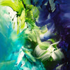 Abstract square painting with vibrant green and blue brushstrokes creating a dynamic, modern artwork