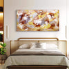 Vibrant abstract landscape painting | Earthy tones of brown, yellow, and white | Decorative art piece above bed | Modern bedroom setting with wooden furniture and shelves
