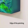 Contemporary abstract painting with vibrant green and blue brush strokes on a square canvas.