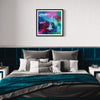 Vibrant abstract artwork "Twilight Of Magic I" in framed wall display above modern bedroom with gray and teal bedding