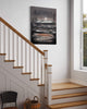 Abstract landscape artwork | Island In The Shadows II 100x130cm - Large abstract painting featuring geometric shapes and muted tones, displayed on a staircase in a modern home setting.