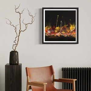 "Golden Flames" Signed Edition Abstract Art Print - Fiery abstract artwork with vibrant colors and dynamic shapes displayed in a modern room setting.