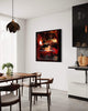 Extra Large Abstract Art | Golden Dusk 48x48" - Original modern abstract painting in a contemporary dining room setting with wooden furniture.
