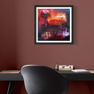 "Vibrant Abstract Landscape" - Signed Edition Art Print displayed on a wall in a modern home office setting