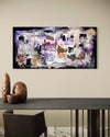 Large abstract landscape painting "Nightingale" displayed on a wall above a wooden table with decorative objects, showcasing a modern and vibrant artwork from the Paresh Nrshinga Abstract Art collection.