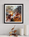 Vibrant abstract painting titled "Depths Of Sun" showcased in a modern black frame, creating a striking visual centerpiece in the room. The artwork features a bold, fiery color palette with layers of texture and movement, evoking a sense of energy and depth.