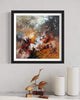 Vibrant abstract painting titled "Depths Of Sun" showcased in a modern black frame, creating a striking visual centerpiece in the room. The artwork features a bold, fiery color palette with layers of texture and movement, evoking a sense of energy and depth.